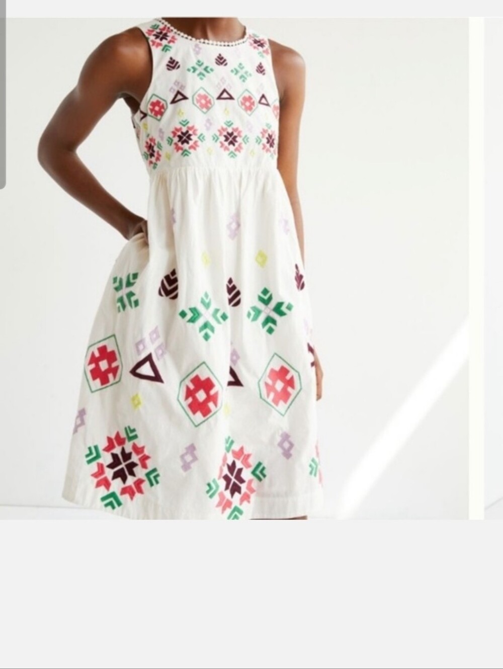 Anthropologie White Sleeveless Dress with Green, Red, Purple & Yellow Embroidery